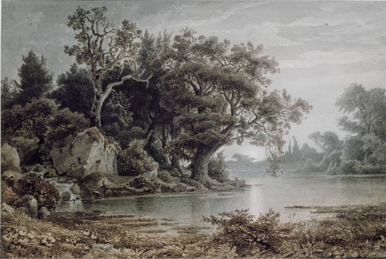 Paisagem da floresta na água na lua nascente de Arnold Böcklin