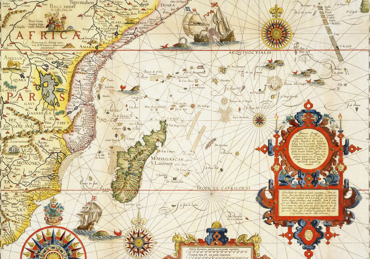 Mapa da África Oriental e Madagáscar, 1596 (gravura colorida à mão) de Arnold Florent van Langren