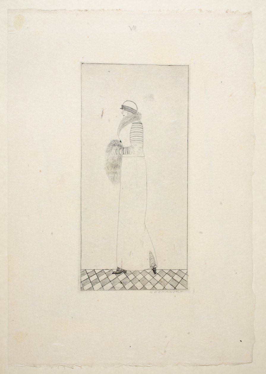 Projeto para um vestido de dia, placa 7, livro 1, ilustração de Wiener Werkstatte modo 191415, pub. Eduard Kosmack, Viena, 1914-1915 (linogravura colorida à mão) de Arnold Nechansky