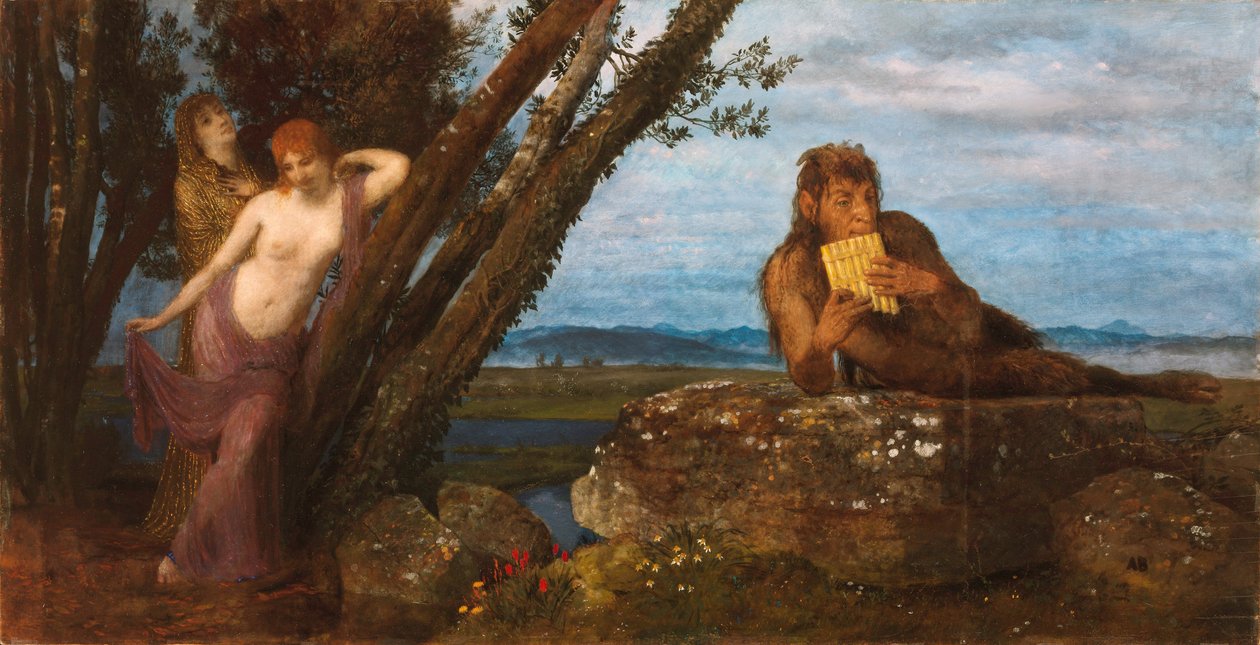 "Spring Evening" Pan toca a sua flauta, deitado sobre uma rocha, enquanto duas nereidas se inclinam lascivamente contra troncos - Pintura de Arnold Bocklin (1827-1901) 1879 Szepmuveszeti Muzeum, Budapeste de Arnold Böcklin