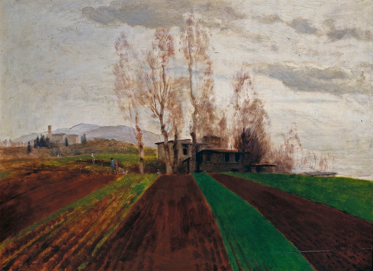 Terras agrícolas no início da primavera / Campo arado no início da primavera de Arnold Böcklin