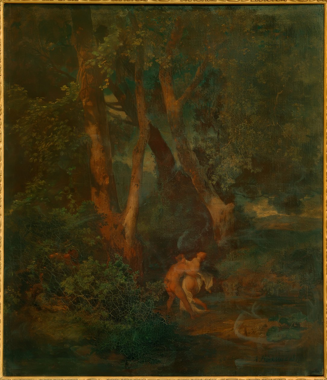 Borda da floresta com fauno e ninfa (ou fauno, um lutando de Arnold Böcklin