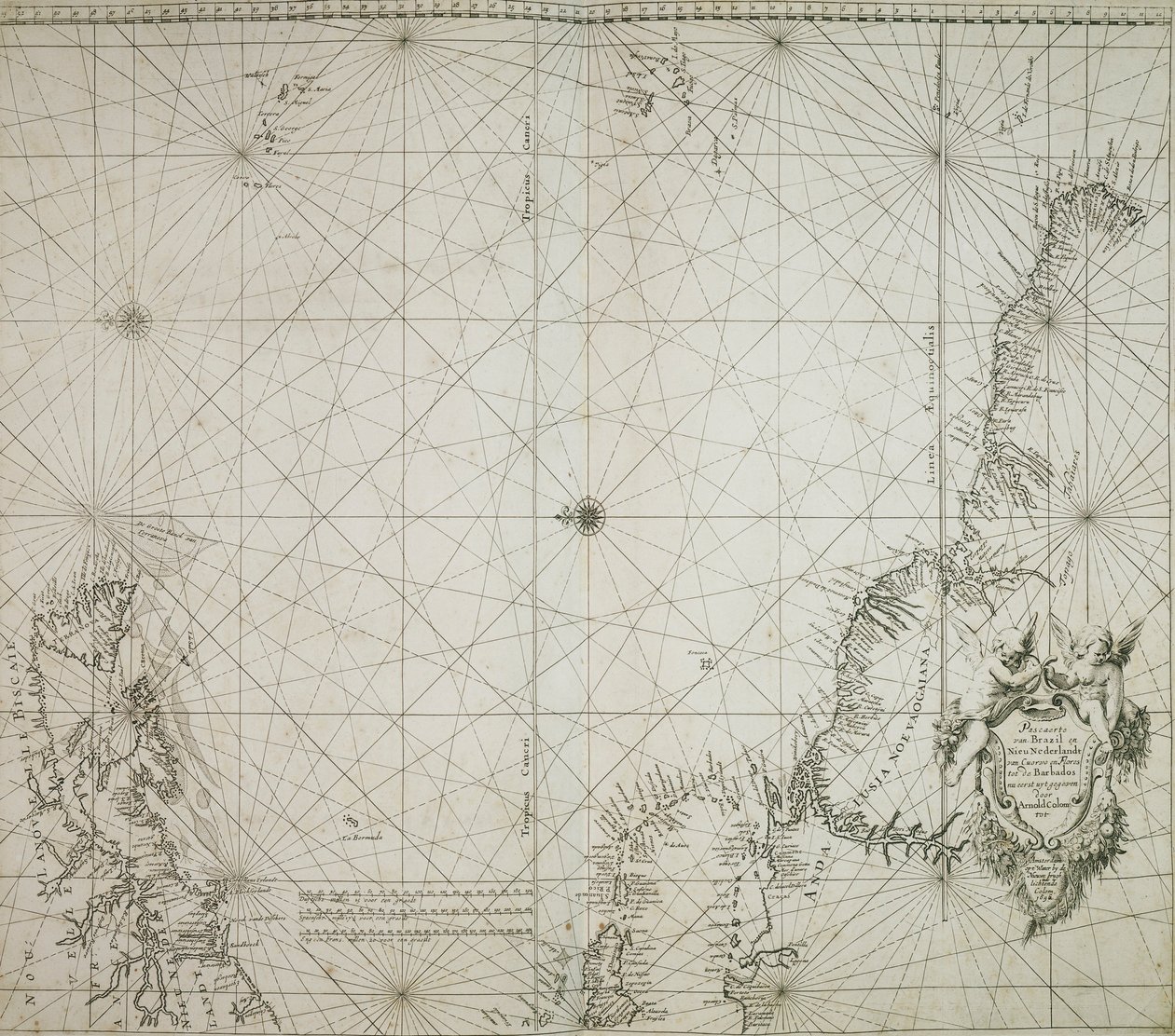Uma carta do Brasil encadernada no "Atlas of werelts-water-deel en des selfs zee-custen" de Jacob Colom de Arnold Colom