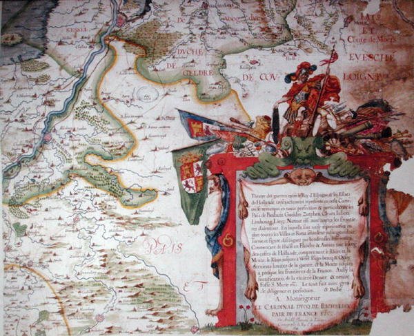 Cartouche com uma dedicatória ao Cardeal Richelieu (1585-1642), e um mapa dos Países Baixos na época da guerra dos Trinta Anos (1618-48), do 