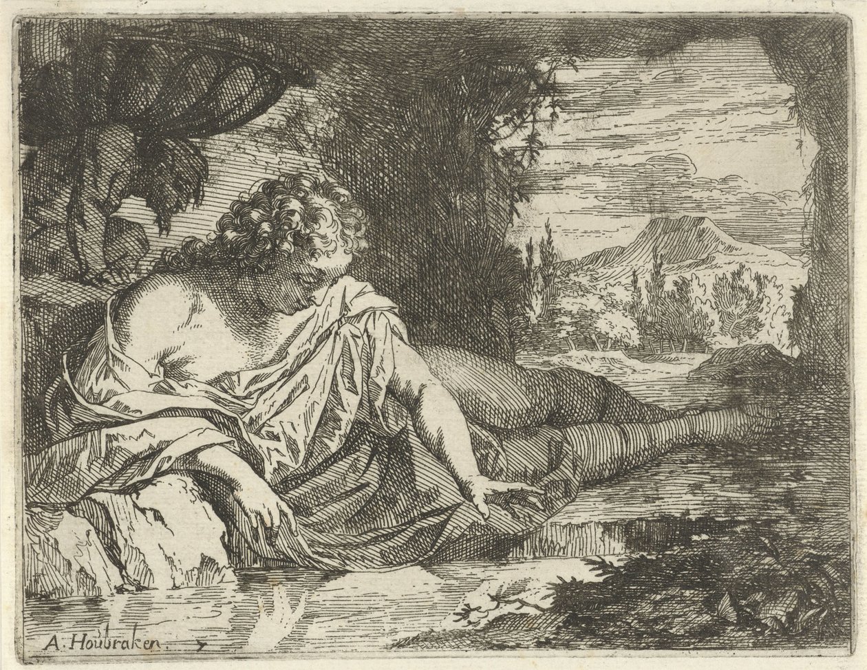 Narciso Cena de estátuas sinne abertas ao serviço de pintores, porta-estátuas, etc. (título da série) de Arnold Houbraken