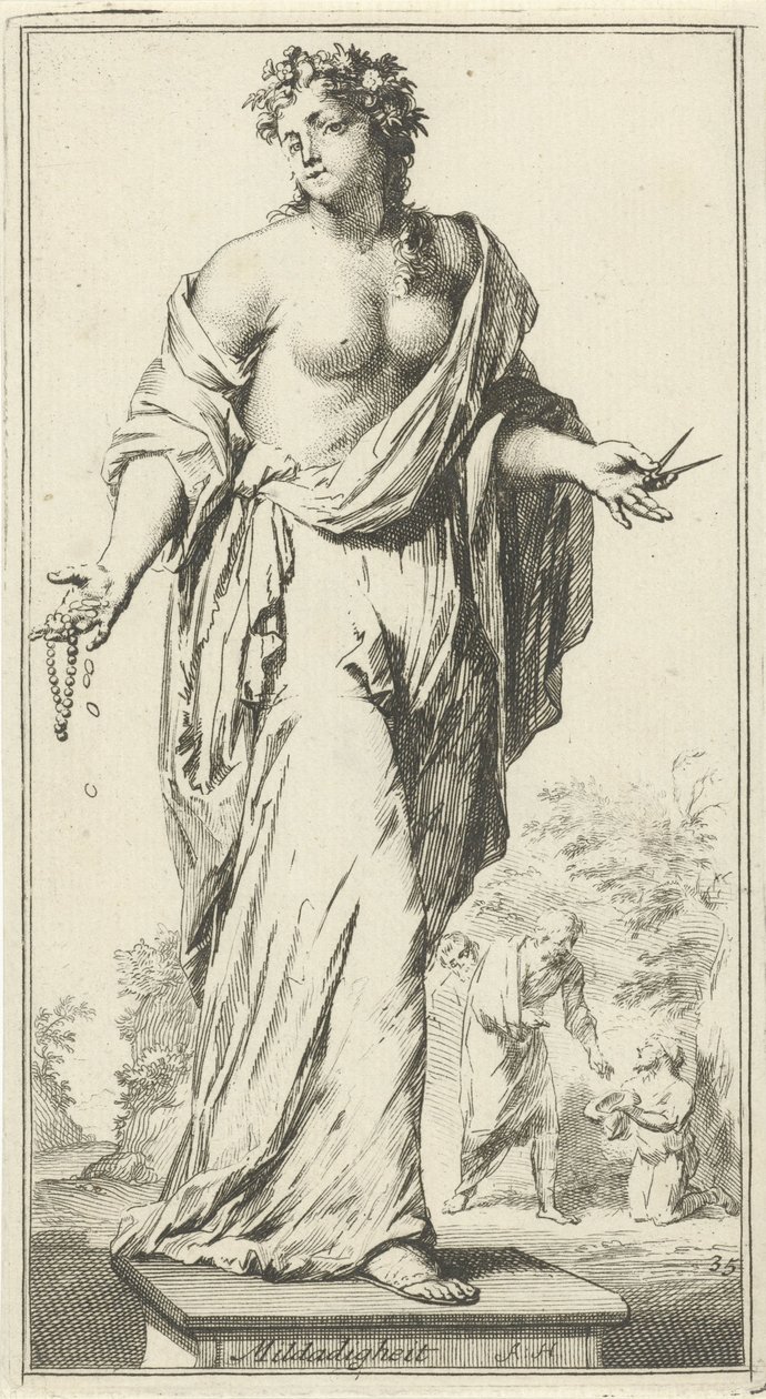 Personificação da caridade Generosidade (título no objeto) Quarenta e uma peças, várias estátuas de Sinne (título da série) de Arnold Houbraken