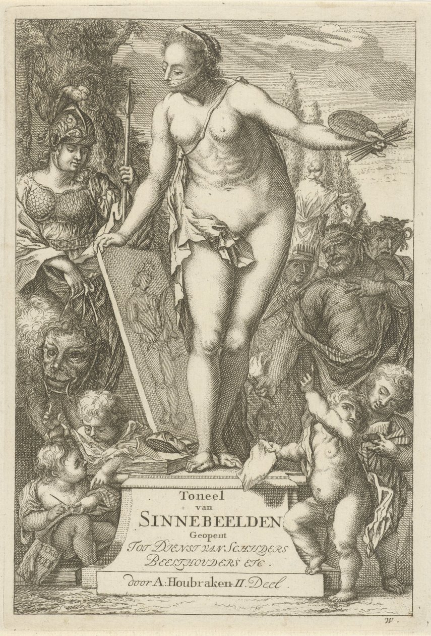 Personificação da pintura em um pedestal Impressão do título de: Toneel van sinnebeelden, segunda parte Cena de estátuas sinne abertas a serviço de pintores, porta-imagens etc. (título da série no objeto) de Arnold Houbraken