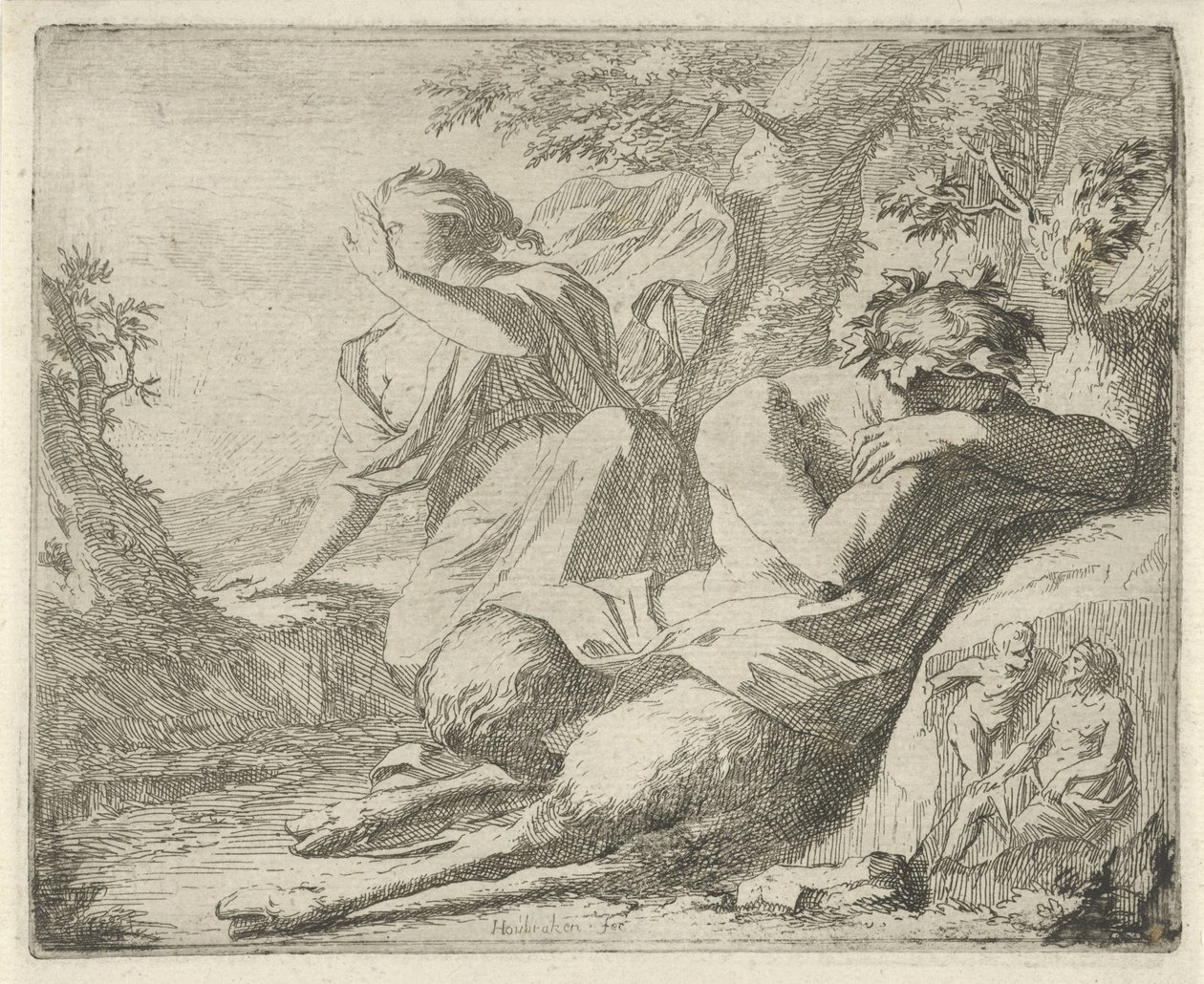 Satyr e figura feminina cobrem os olhos contra a luz solar
Estágio de imagens sinne abertas ao serviço dos pintores detentores de imagens, etc. (título da série) de Arnold Houbraken