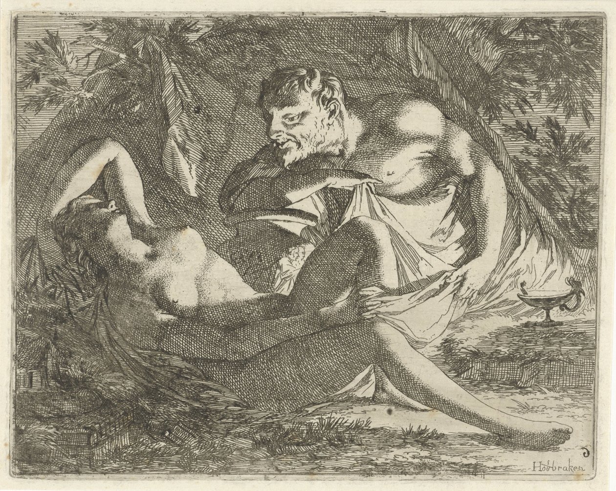 Ninfa adormecida observada por um sátiro Teatro de imagens sinne aberto ao serviço de pintores, porta-imagens, etc. (título da série) de Arnold Houbraken