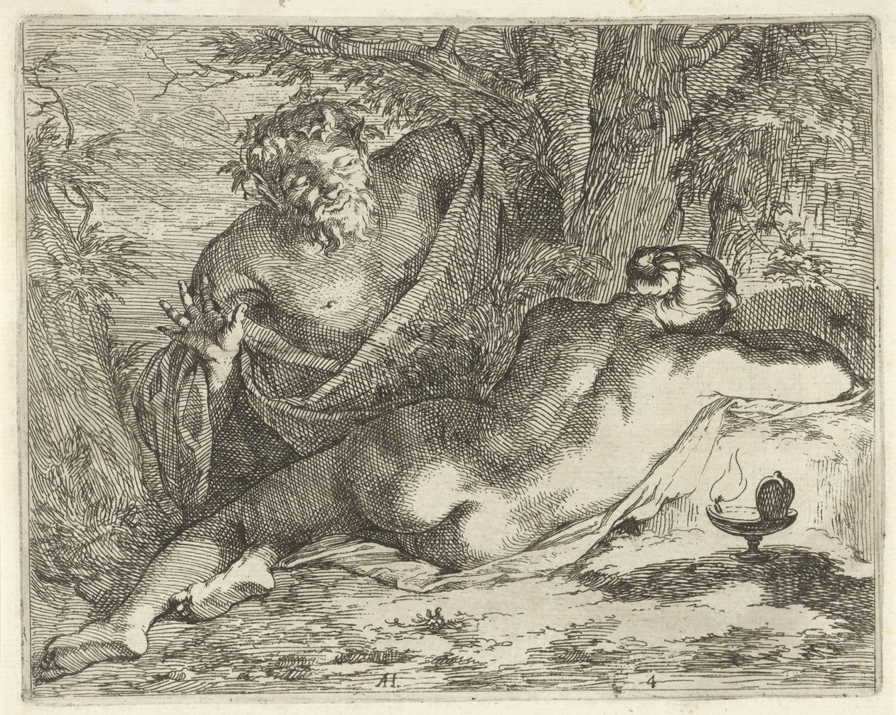 Ninfa adormecida espiada por um sátiro
Cenografia de imagens sinne abertas ao serviço de pintores portadores de imagens, etc. (título da série) de Arnold Houbraken