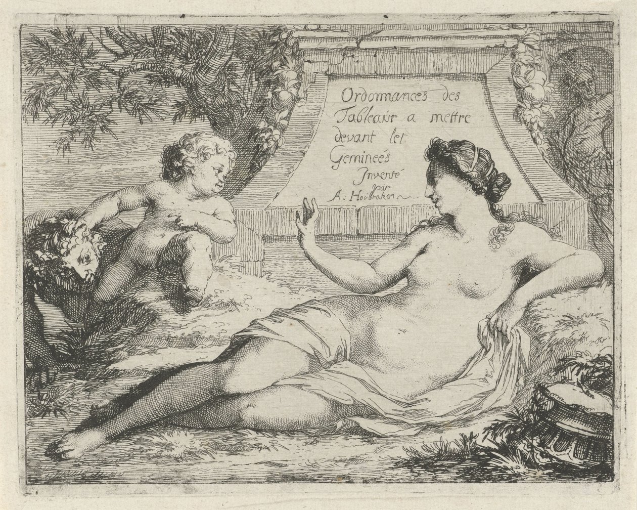 Vênus espionado por um sátiro Ordonnances des tableaux a mettre devant les Gemineés (título no objeto) Cena de estátuas sinne abertas ao serviço de pintores, porta-estátuas, etc. (título da série) de Arnold Houbraken