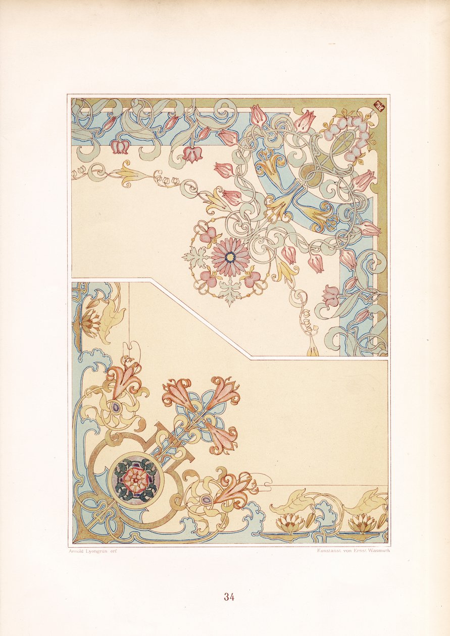 Ornamentos de canto Art Nouveau com motivos florais (litografia) de Arnold Lyongrün