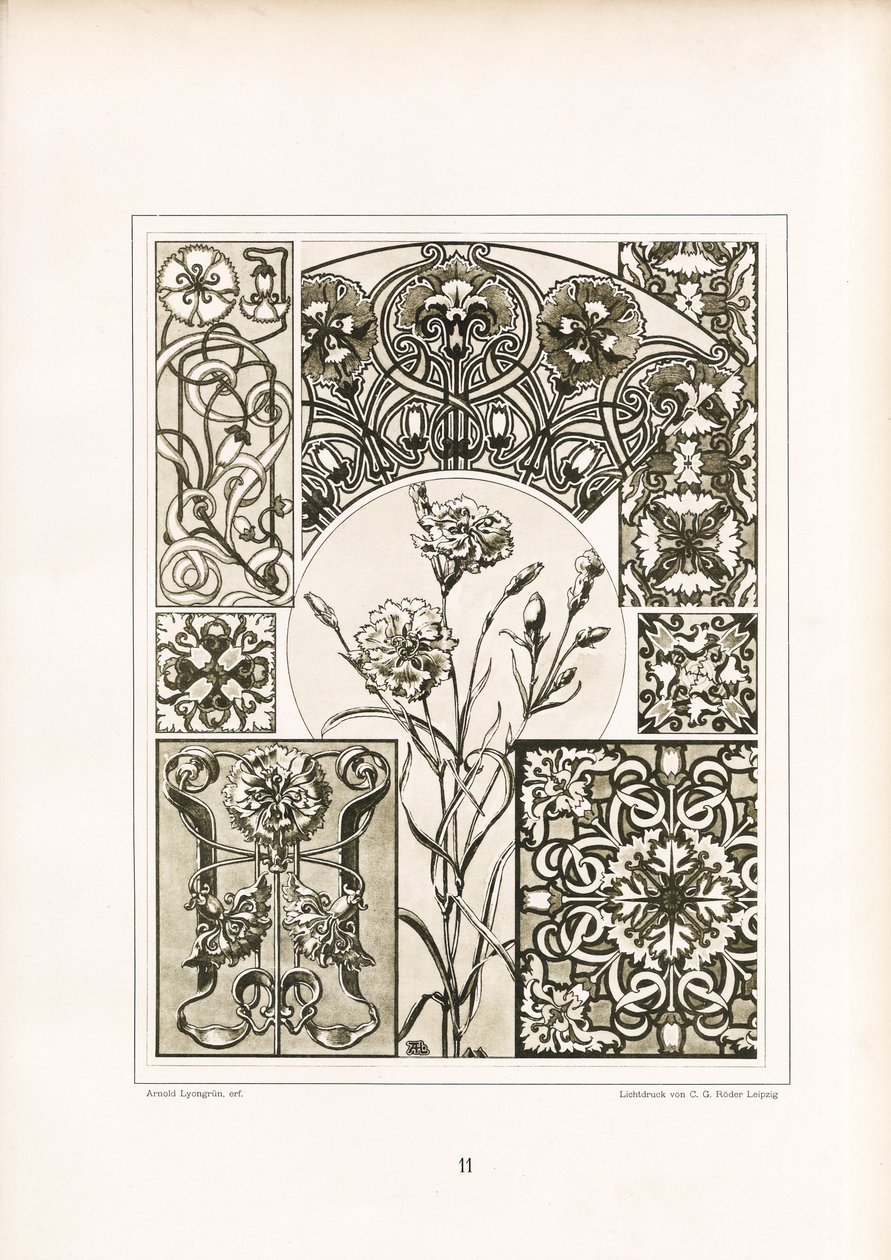 Motivos de cravos e padrões de superfície ornamentais em monocromático (litografia) de Arnold Lyongrün
