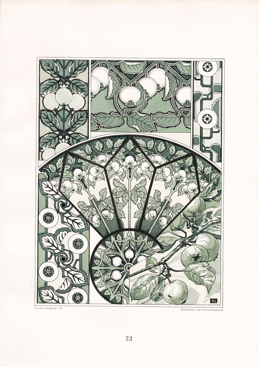 Motivos de frutos em tons de verde (litografia) de Arnold Lyongrün