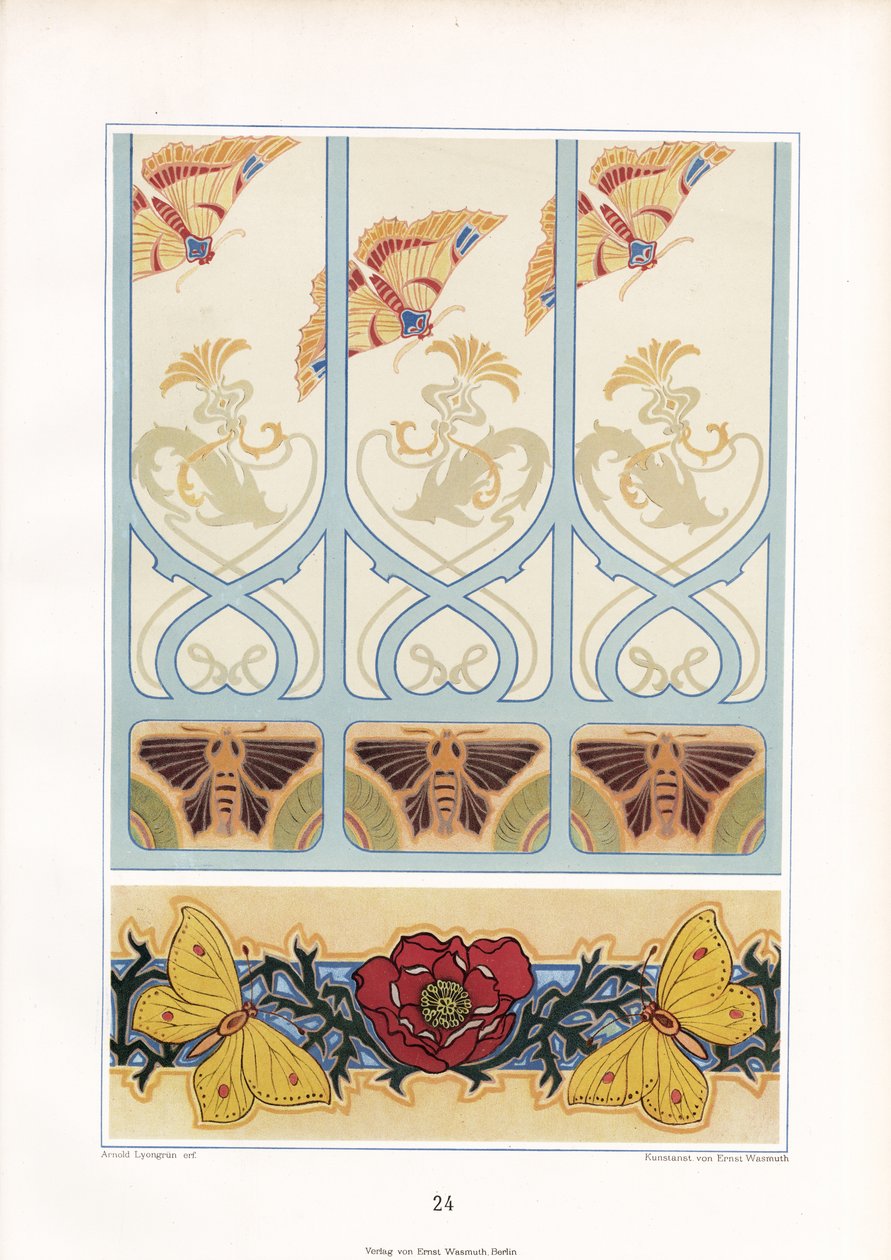 Motivos de insectos na ornamentação Art Nouveau: Borboletas, traças e flores de papoila (litografia) de Arnold Lyongrün