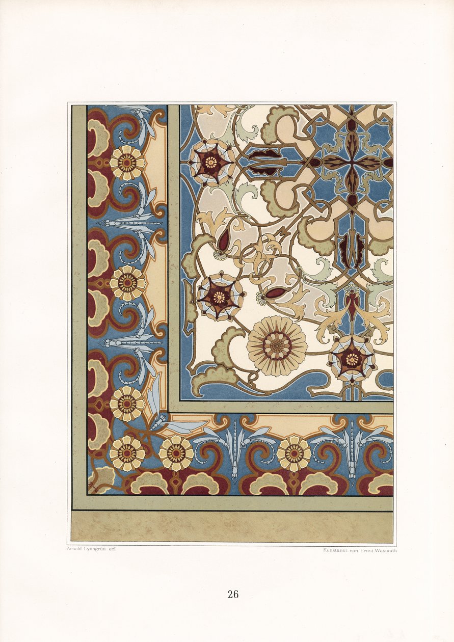 Padrão de tapete multicolorido com flores estilizadas (litografia)