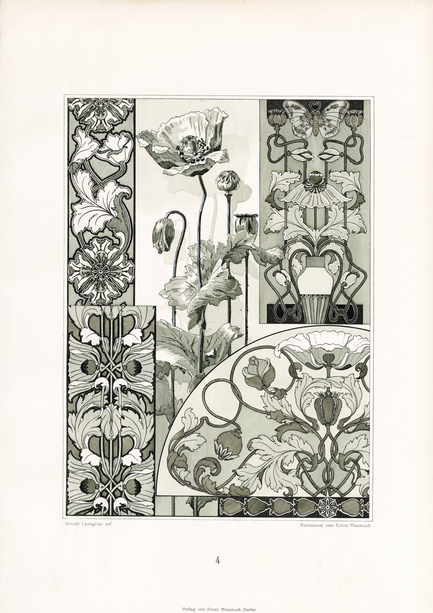 Ornamentos de flores de papoila em monocromático (litografia) de Arnold Lyongrün