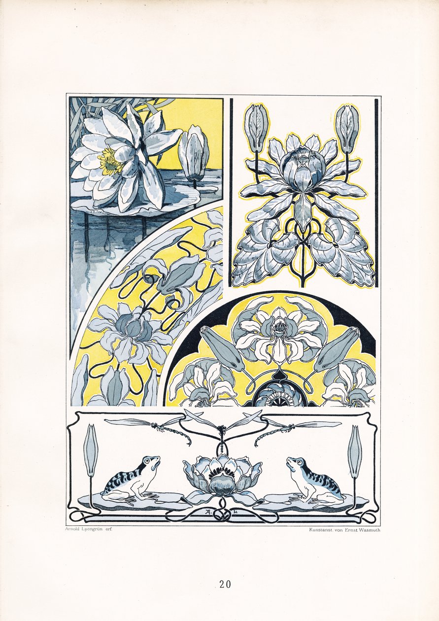 Motivos de nenúfares em composição azul-amarela (litografia) de Arnold Lyongrün