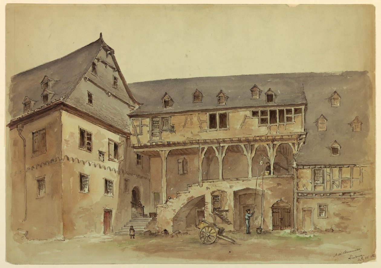 Desenho, Pátio de uma mansão medieval, ca. 1889 de Arnold William Brunner