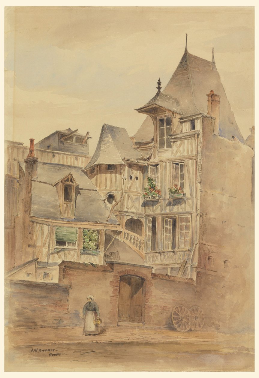 Desenho, Cena de rua com casas medievais, ca. 1885 de Arnold William Brunner