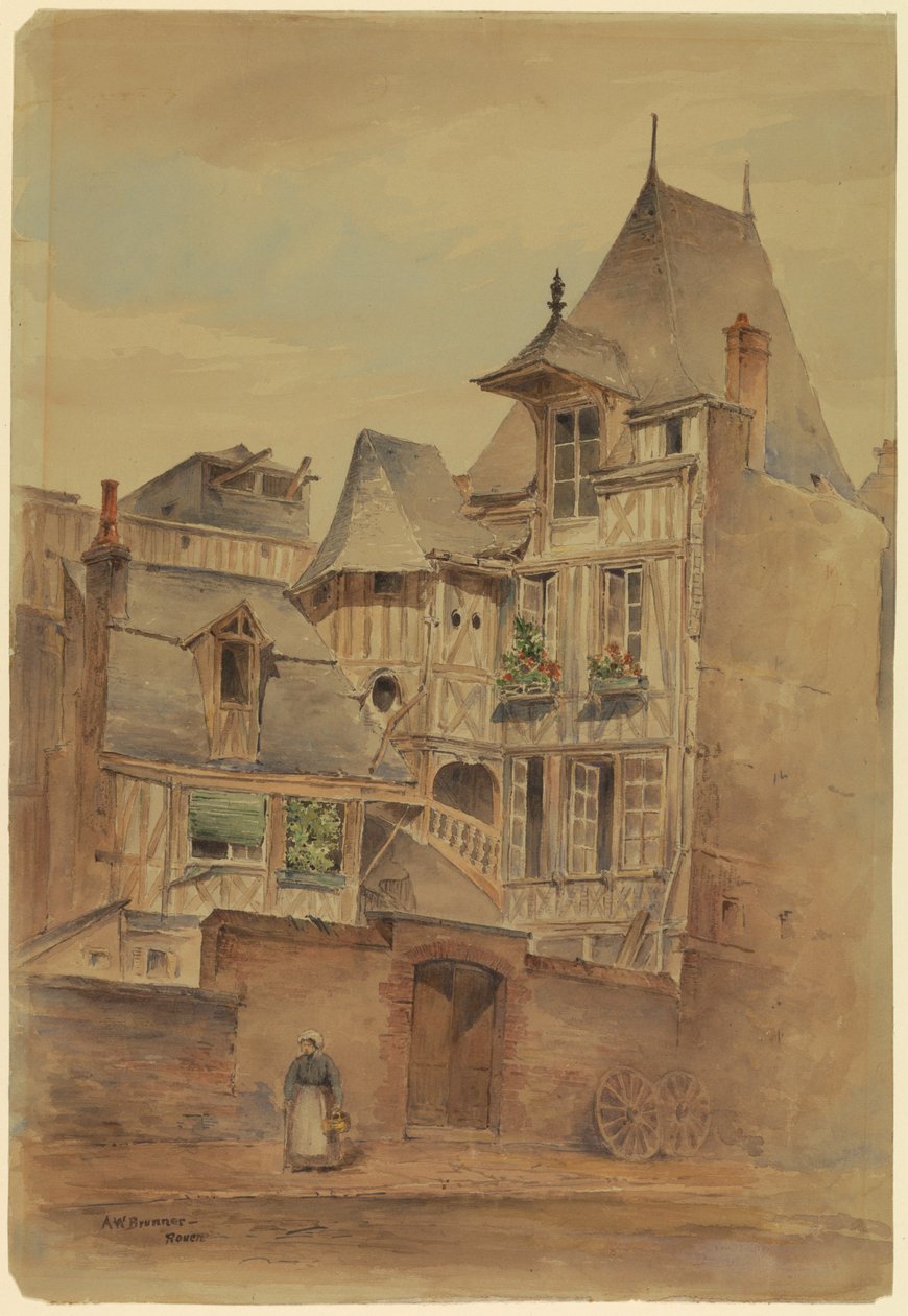 Desenho, Cena de rua com casas medievais, ca. 1885 de Arnold William Brunner