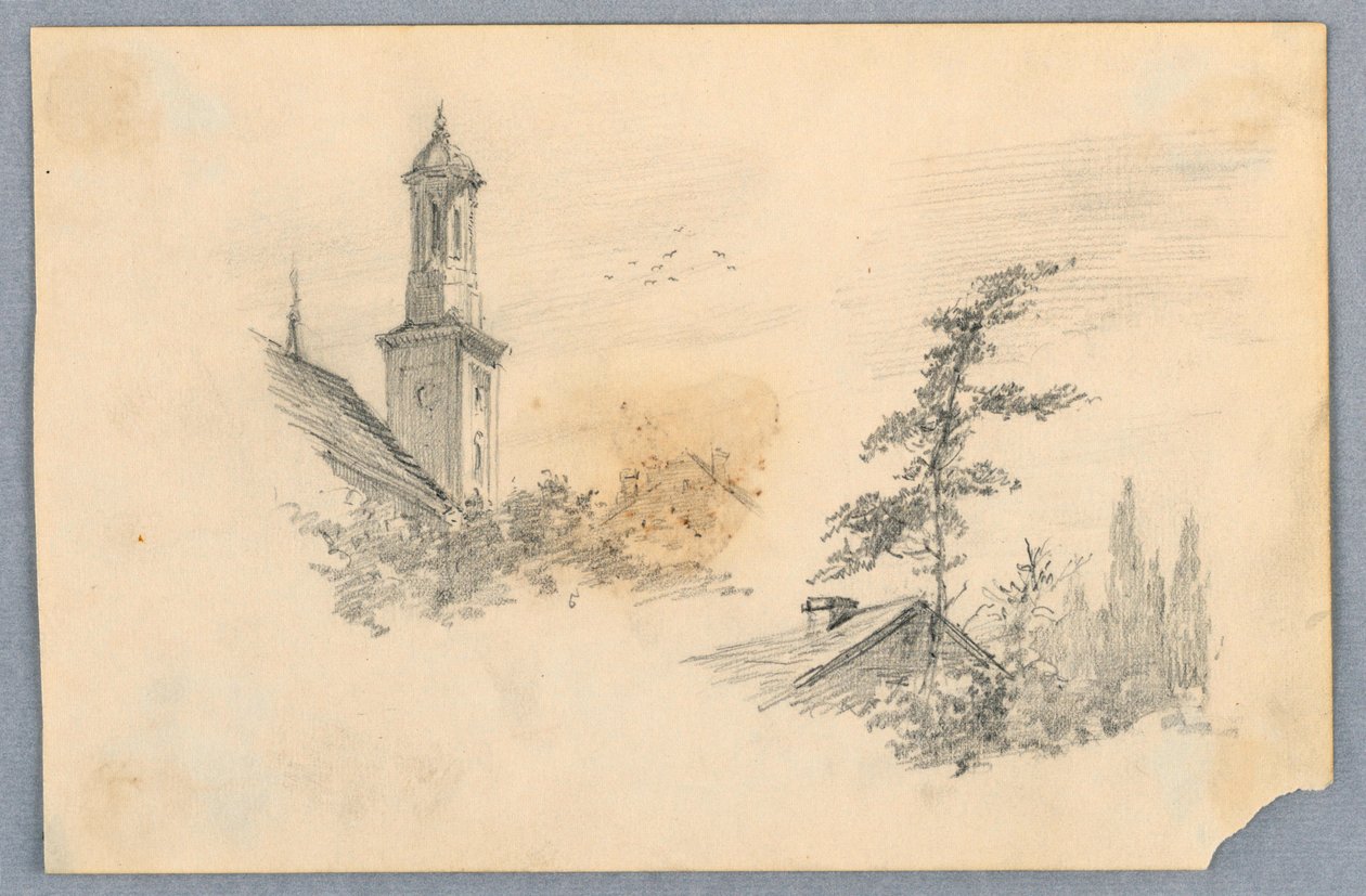 Esboço da torre da igreja e do telhado de Arnold William Brunner