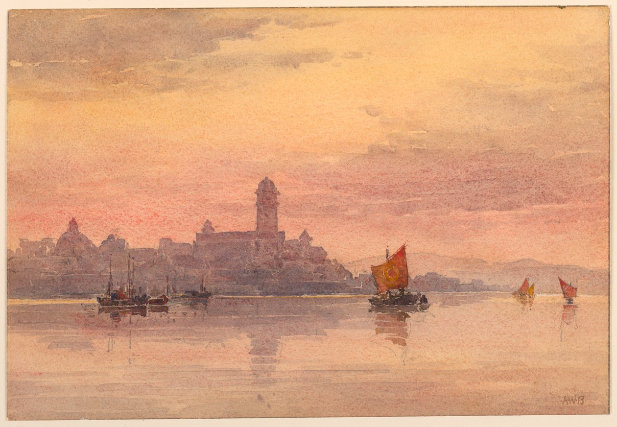 Pôr do sol sobre barcos à vela de Arnold William Brunner