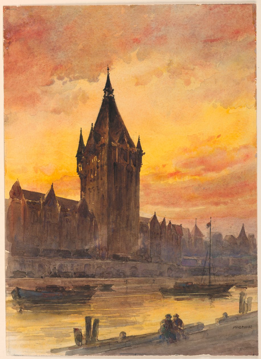 Pôr do sol sobre a torre e o rio de Arnold William Brunner