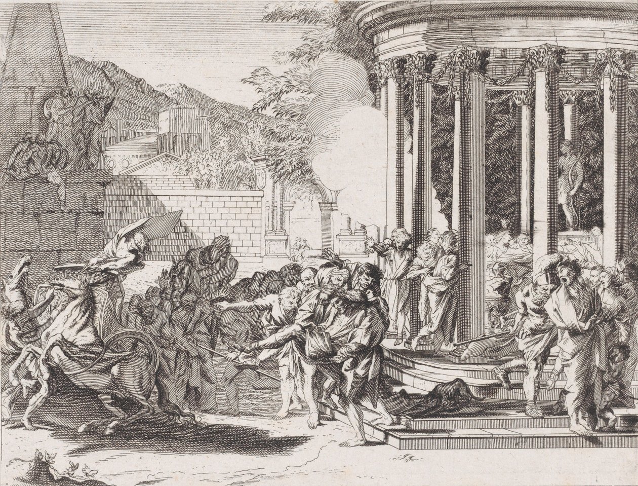 Sinorix sendo carregado do templo após ser envenenado, 1650-1700. de Arnold van Westerhout.