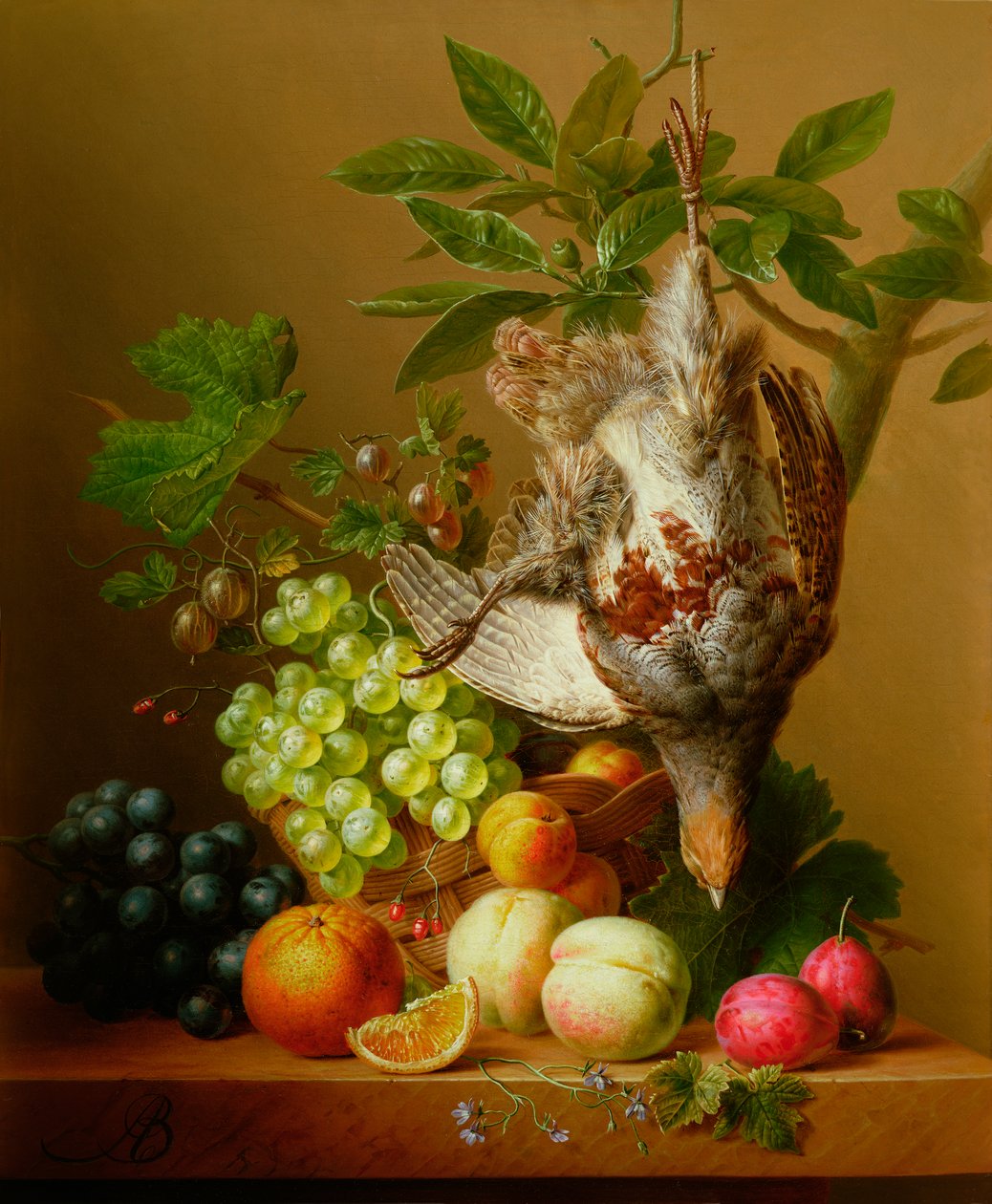 Ainda vida com frutas e uma perdiz morta de Arnoldus Bloemers