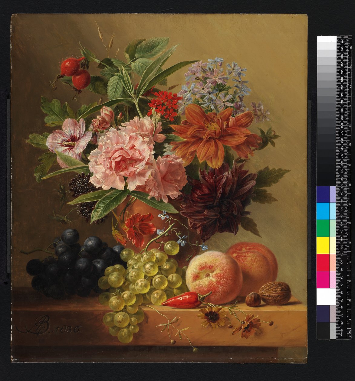 Pote de flores e frutas, antes de 1844 de Arnoldus Bloemers