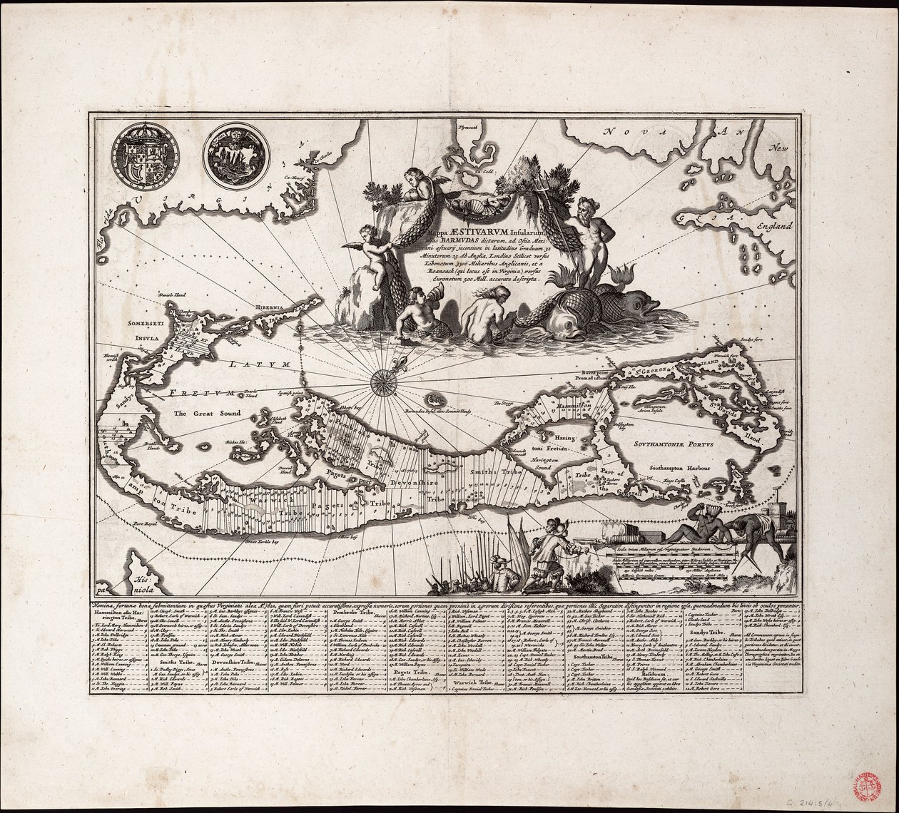 Mappa Aestivarum Insularum, também conhecido como Barmudas dictarum. Folha única, gravura. de Arnoldus Montanus