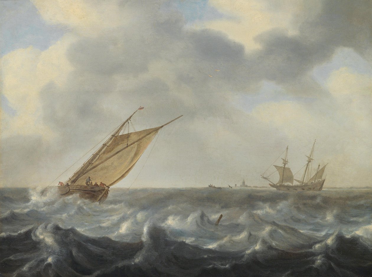 Um barco de pesca e um bimestre em mar agitado perto de uma costa de Arnoldus van Anthonissen