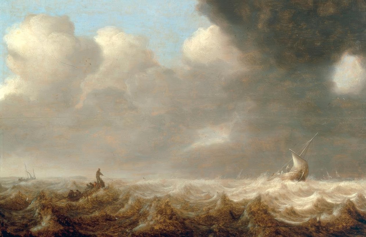 Barcos de pesca em um mar agitado de Arnoldus van Anthonissen