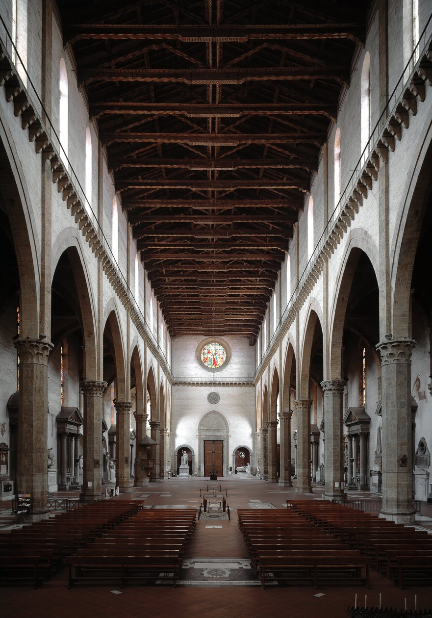 Renascença: vista interior da Basílica Santa Croce projetada por Arnolfo di Cambio (1245-1302/1310) (Vista interior da Basílica Santa Croce) 1294 Basílica Santa Croce, Florença, Itália de Arnolfo di Cambio