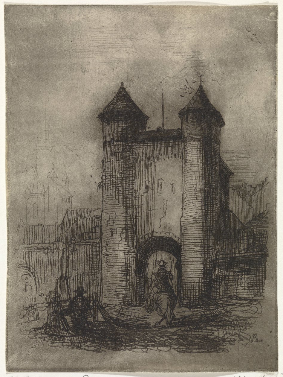 Vista do Helpoort em Maastricht, vista do lado do campo Porte du Jaer (título no objeto) de Arnoud Schaepkens