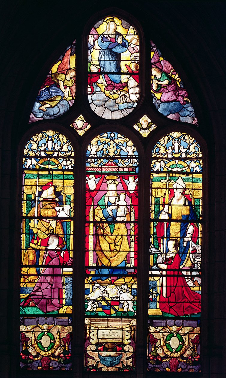 Janela retratando a Virgem e o Menino cercado por Santo Adrián, São Romano e os doadores, 1510 (vitral) de Arnoult de Nimegue