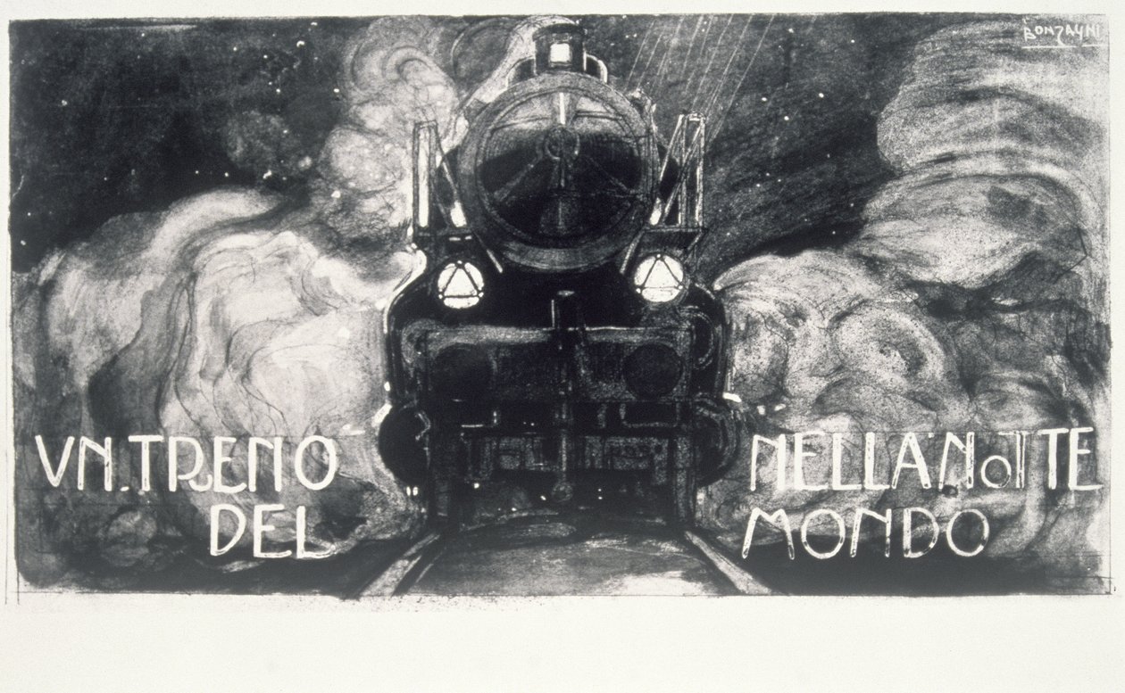 Um trem na noite do mundo (tempera no cartão) de Aroldo Bonzagni