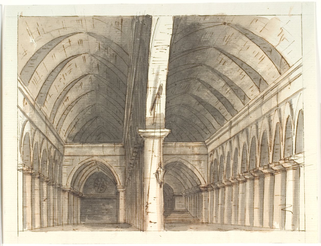 Interior do piso inferior de uma igreja (?) com colunas e abóbada de Aron Wallick