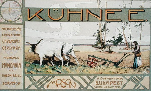 Anúncio para maquinaria agrícola feito por E. Kuehne de Budapeste de Arpad Basch