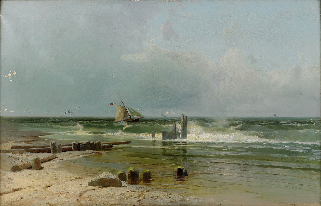 Um barco à vela na praia, 1891 de Arseniy Ivanovich Meshchersky