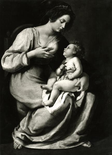 Madonna of the Cherries (óleo sobre tela) (foto a p/b) de Artemisia Gentileschi