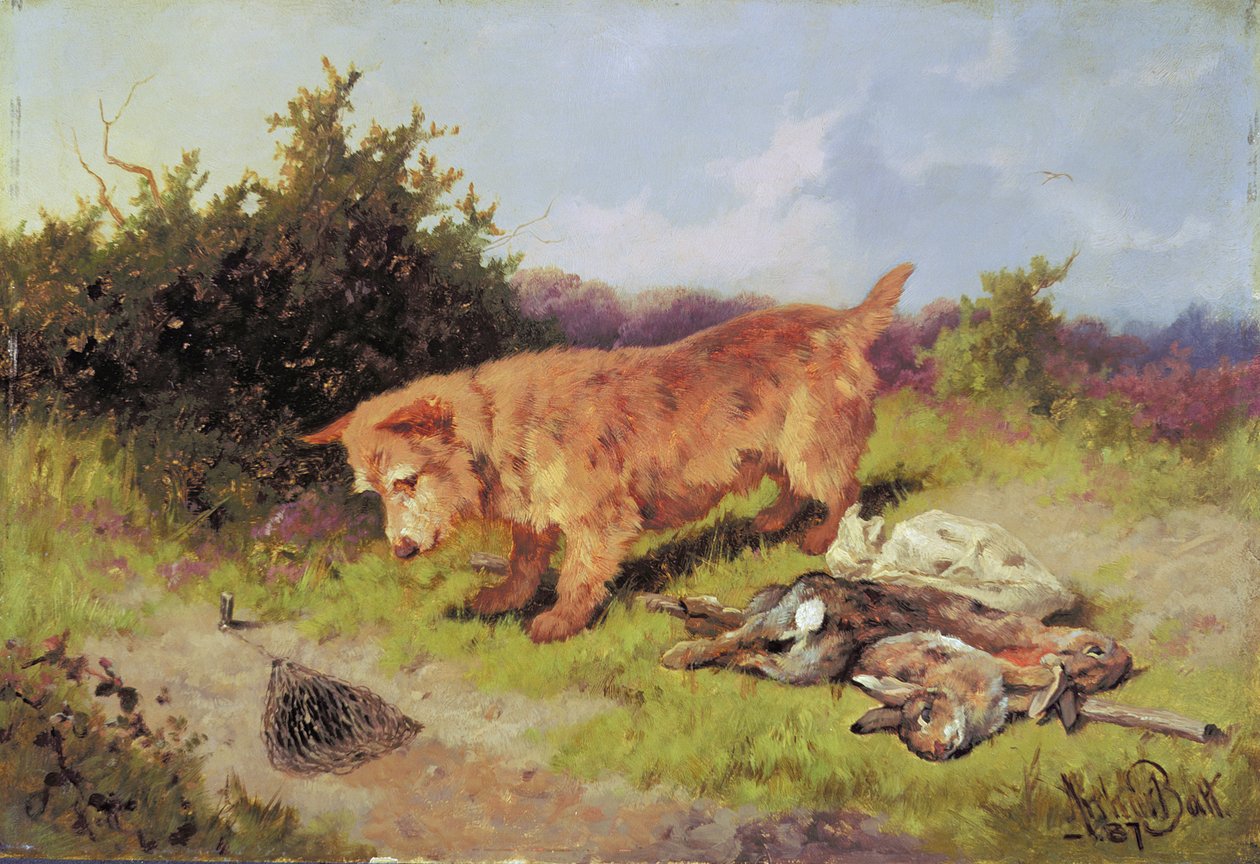 Terrier assistindo a uma armadilha de coelho, 1887 (óleo em millboard) de Arthur Batt
