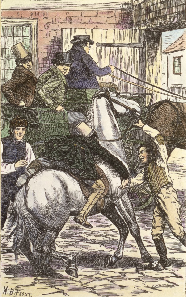 Sr. Winkle monta seu Steed, ilustração de &39;The Pickwick Papers&39; por Charles Dickens (1812-1870) 1837 (gravura a cores) de Arthur Burdett Frost