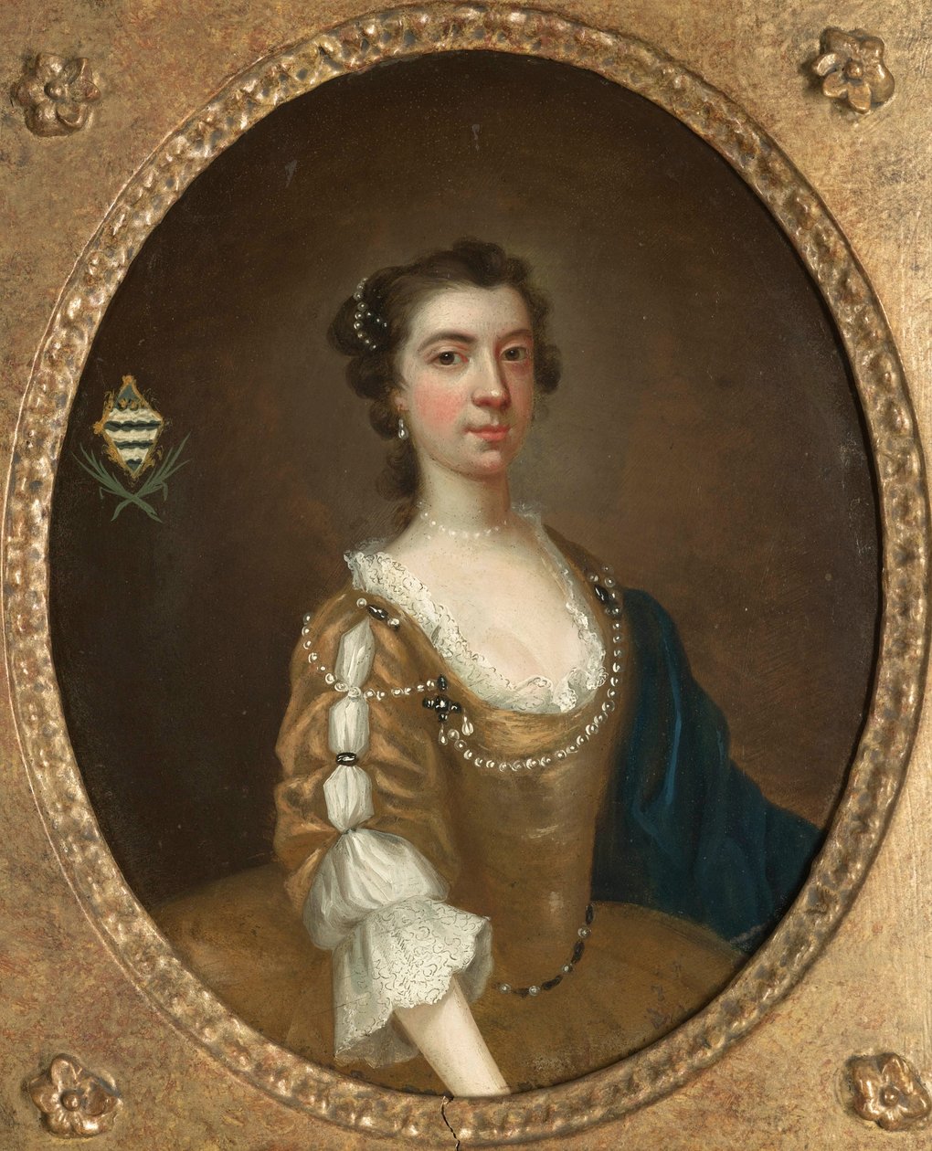 Um de um par de retratos de duas irmãs da família Moult de Nottinghamshire (óleo sobre cobre) (ver também 328882) de Arthur Devis