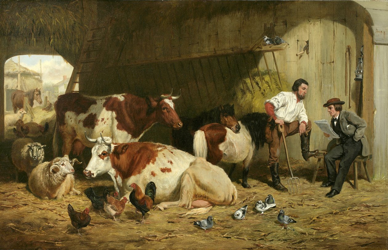 As últimas notícias, gado no estábulo, 1862 de Arthur Fitzwilliam Tait
