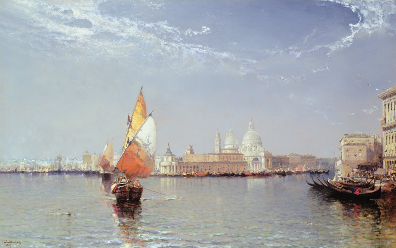 Cena do Canal veneziano com a saudação à distância de Arthur Joseph Meadows