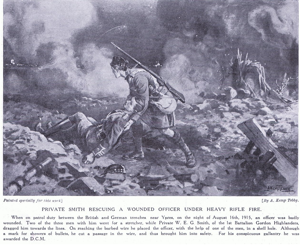 Private Smith resgatando um oficial ferido sob fogo pesado foi premiado DCM Ypres em agosto de 1915 de Arthur Kemp Tebby
