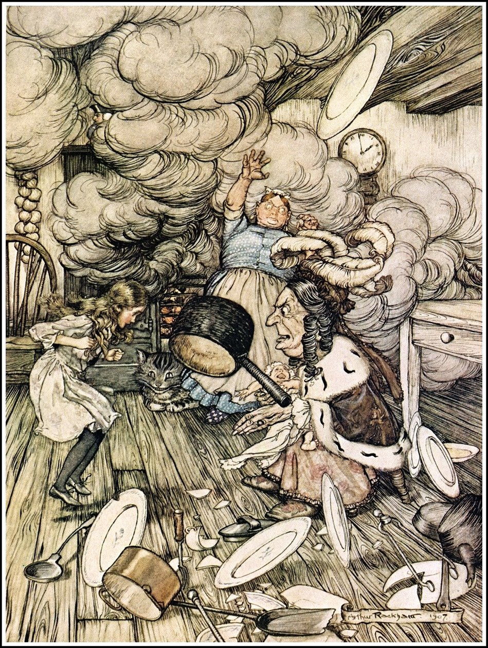 Alices Adventures in Wonderland - Uma panela extraordinariamente grande voou perto dele, e quase a carregou de Arthur Rackham