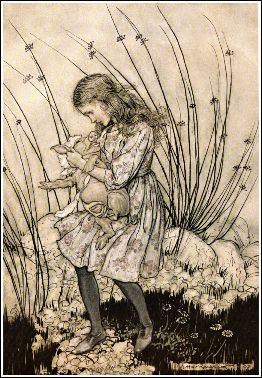 Alices Adventures in Wonderland - Ele grunhiu de novo tão violentamente que ela olhou para baixo em seu rosto em algum alarme de Arthur Rackham